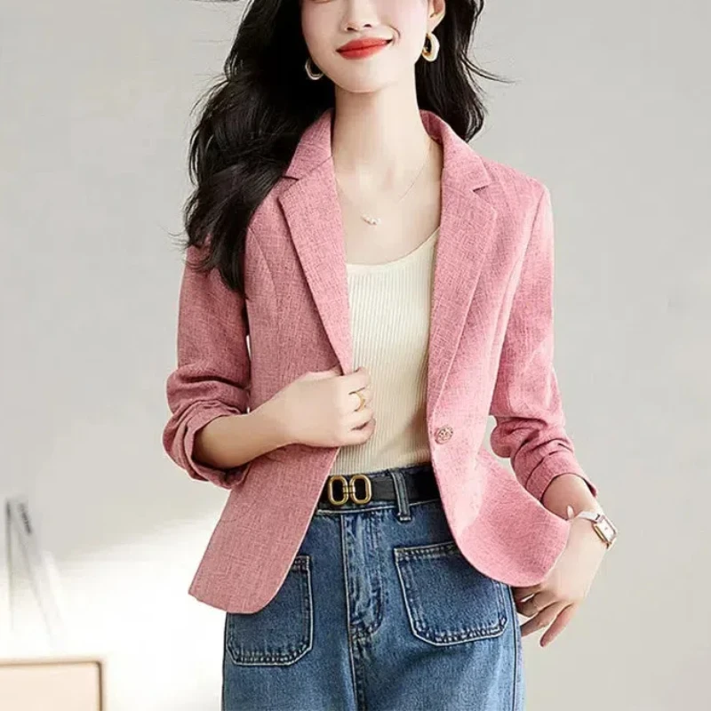 Blazer feminino casual de manga longa, terno patchwork, bolso com botão de gola, monocromático, fino, primavera, outono, nova moda, na moda, 2024