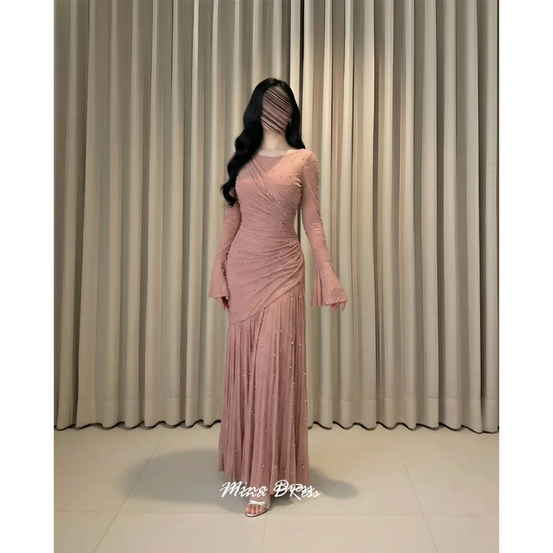 

Mina Customized Beadwork. Long Sleeves Arabic Evening Dress Luxury Elegant Party Dresses Woman Round Neck Special Occasions Prom