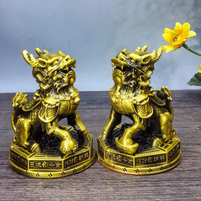 Copper Figurines, a pair of male female, made of pure brass, for home protection and wealth attraction, Kirin with Bag
