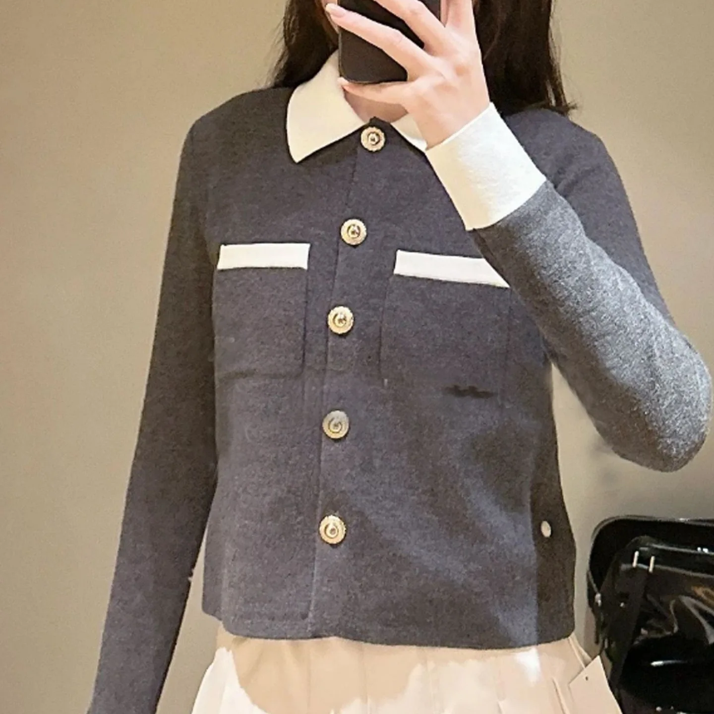 

Ele Color Blo вязаный открытый кардиган женский модный весенний новый женский свитер с отложным воротником и металлическими пуговицами