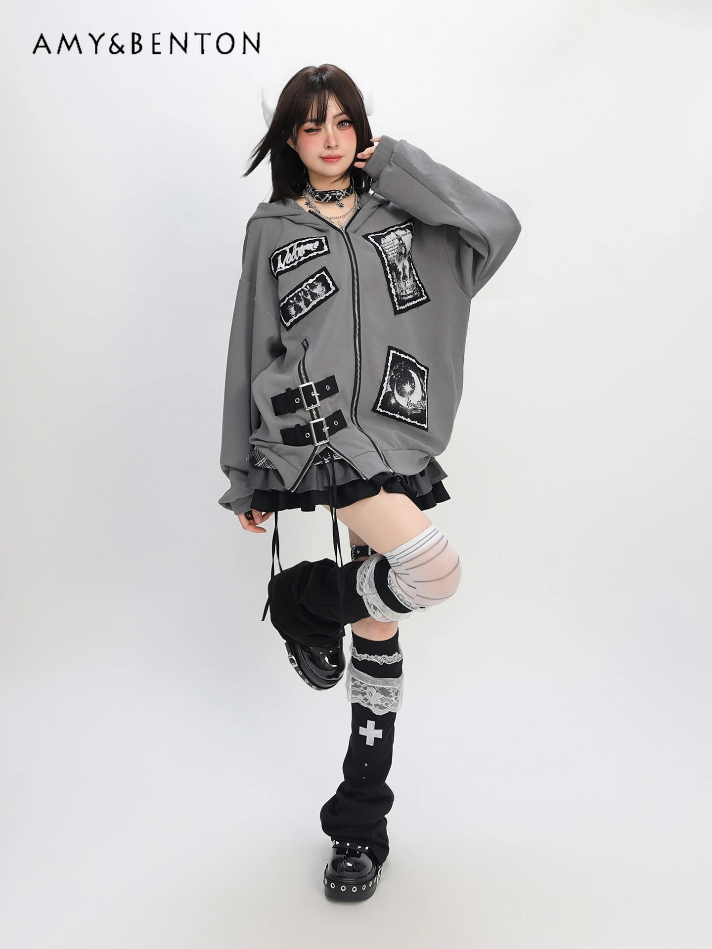 Japanese Subculture Gothic Anime Print Heavy Industry Patchwork Zip Up Hoodie Sweet Cool Hot Girl Oversized Casual Hoodies Women