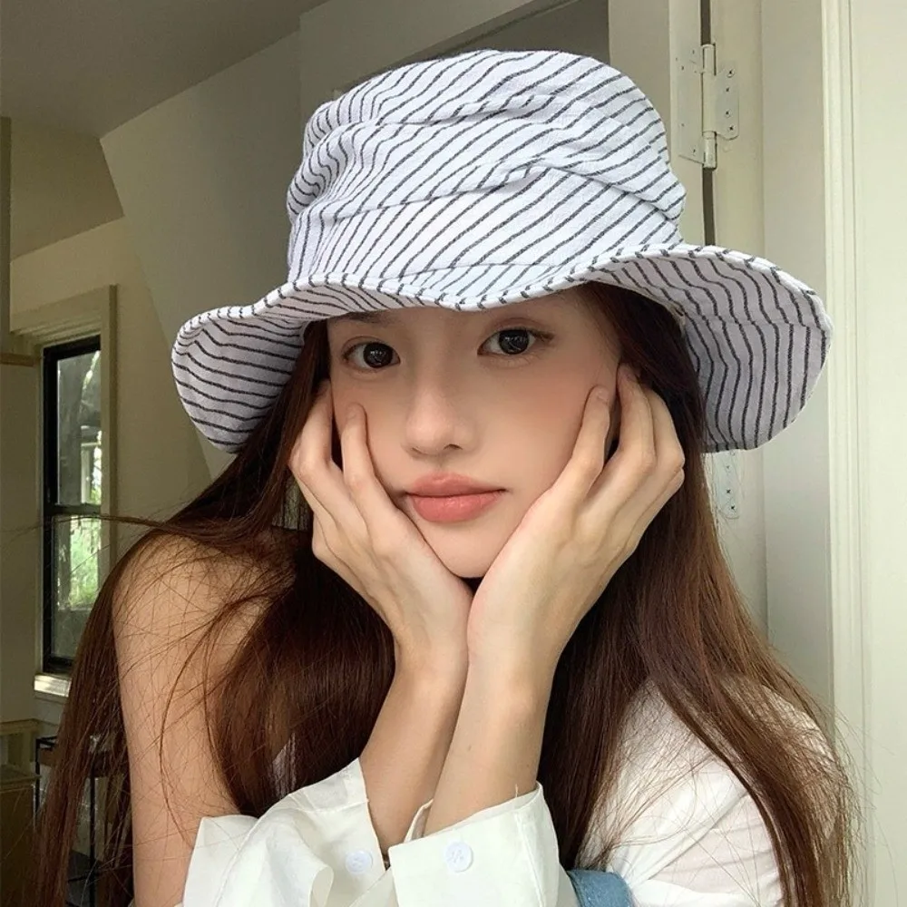 

Korean Foldable Women Bucket Hat Spring Summer Wide Brim Fisherman Caps Visor Striped Sun Hat Outdoor