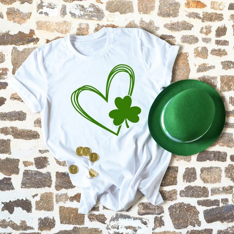 Saint Patrick's Day Heart T Shirt St Patrick Day Printed T-shirt Men Women Shamrock Lucky Irish Shirt St.Paddy's Day Cotton Tops