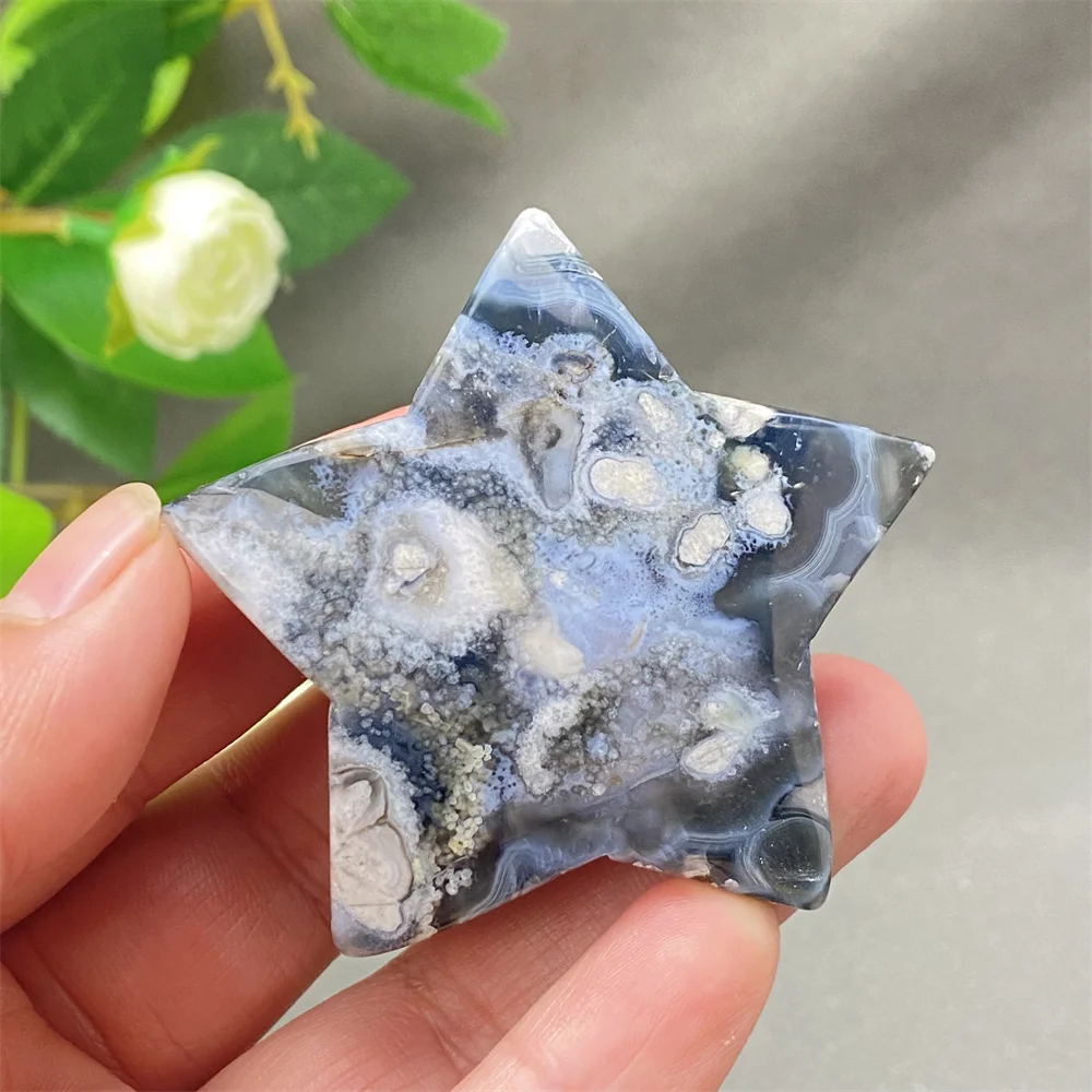 Natural Black Cherry Blossom Agate Crystal  Star Reiki Energy Desktop Decoration Unique Palm Stone Office Decor Gift Idea