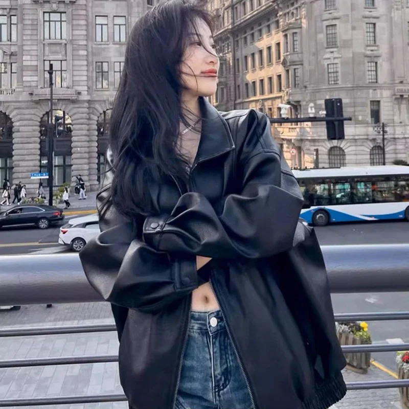 Vintage Pu Jacket Women Korean Fashion Casual Loose Tops Spring Streetwear Motorcycle Black Imitation Leather Jacket Female Coat
