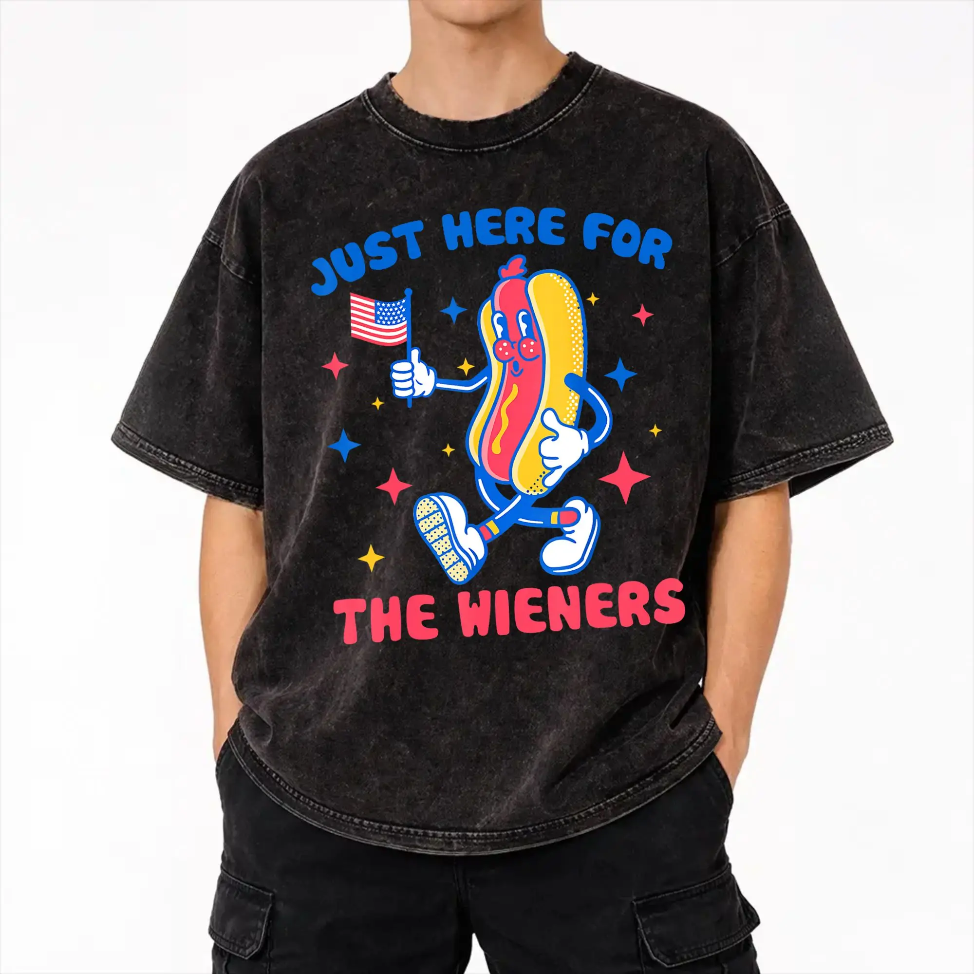 Hot Dog I'm Just Here for The Wieners 4Th of July  T Shirt Hip Hop Washed Cotton Harajuku T-Shirt  Vintage Men Women Streetwear