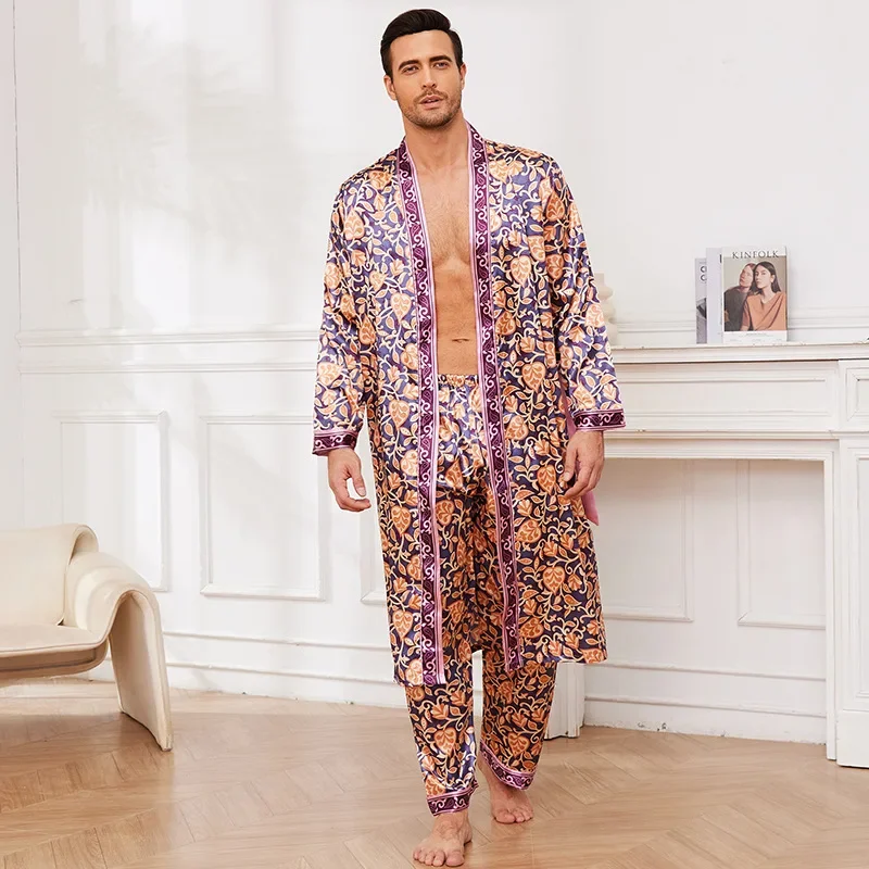 Abito da uomo a maniche lunghe 2 pezzi Pigiama Set Primavera Autunno Stampa Kimono Accappatoio Abito Tailleur pantalone Casual Raso Homewear Pigiama