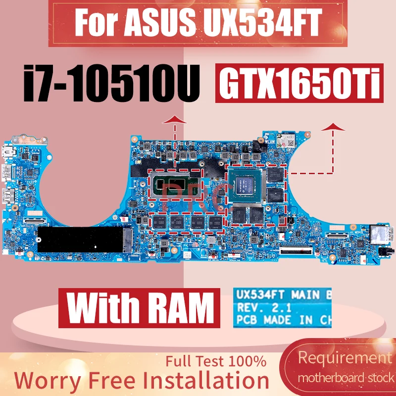 For ASUS UX534FT MAIN BOARD Laptop Motherboard REV.2.1 i7-10510U GTX1650Ti With RAM Notebook Mainboard