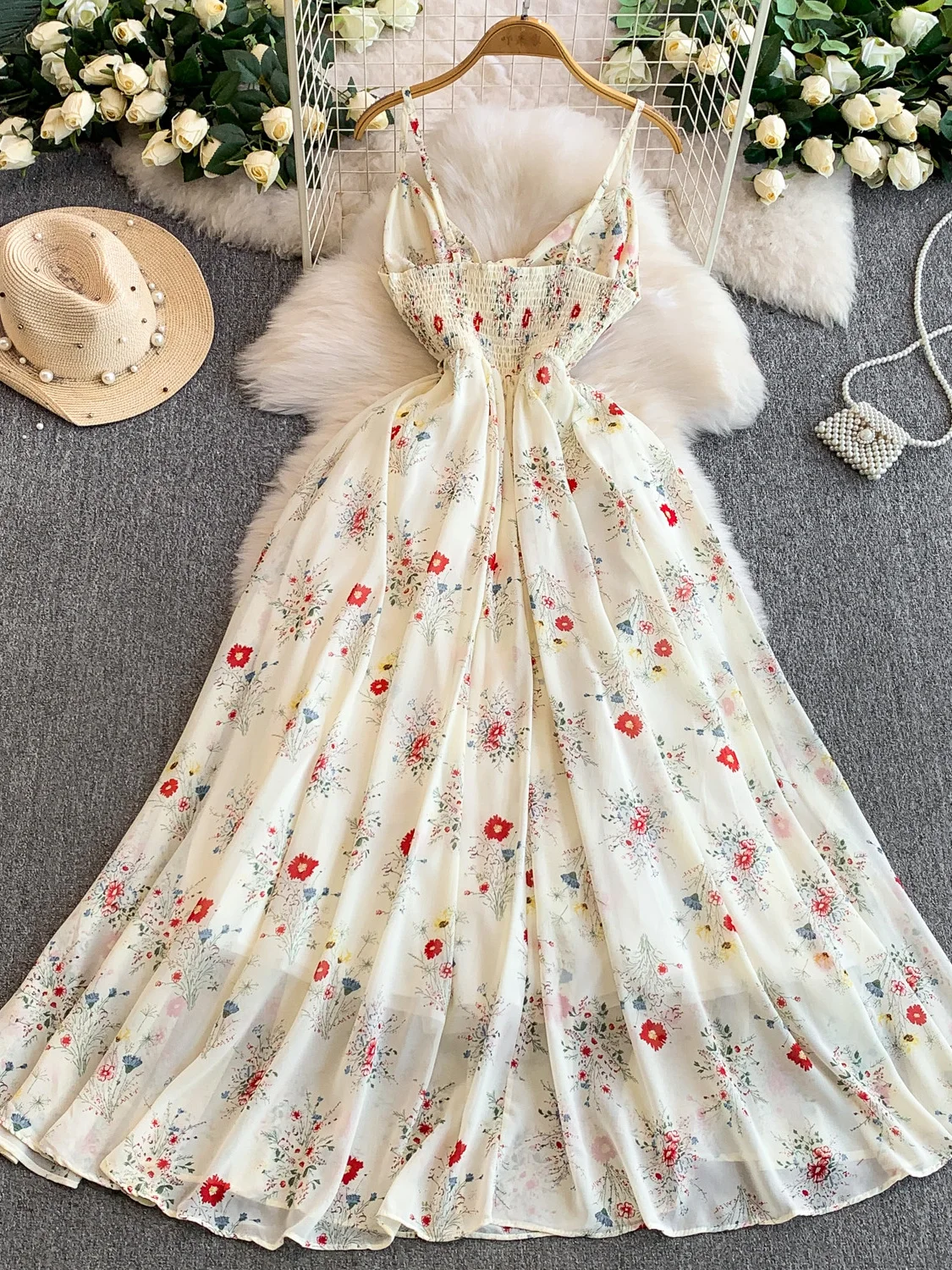 Süße Blumenkrawatte V-Ne ter Dr Sommer Vaion Ele Fairy Langer Rock Damen A-Linie Kleid mit hoher Taille No-Slee Midi D...