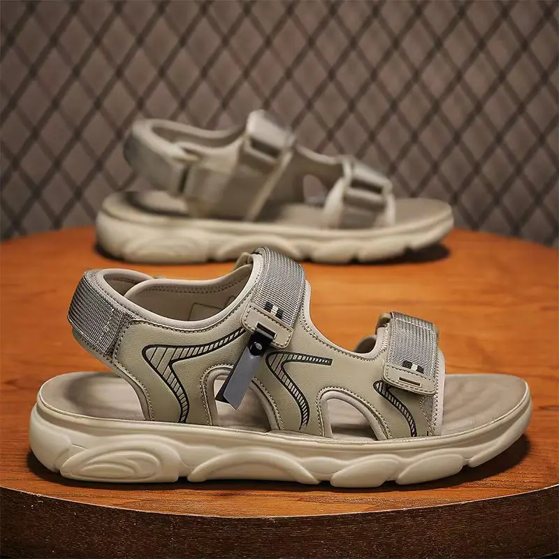 

Men's Summer Leather Casual Sports Sandals Open Toe Soft Sole Non Slip Lightweight Velcro Outdoor Beach Sandals Driving Sandals