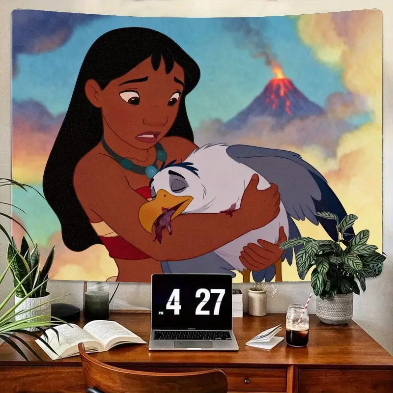 

1 шт. Disney Lilo & Stitch Lilo Holding Sick Bird гобелен, фоновое настенное искусство вулкана, домашний декор из полиэстера для любителей кино