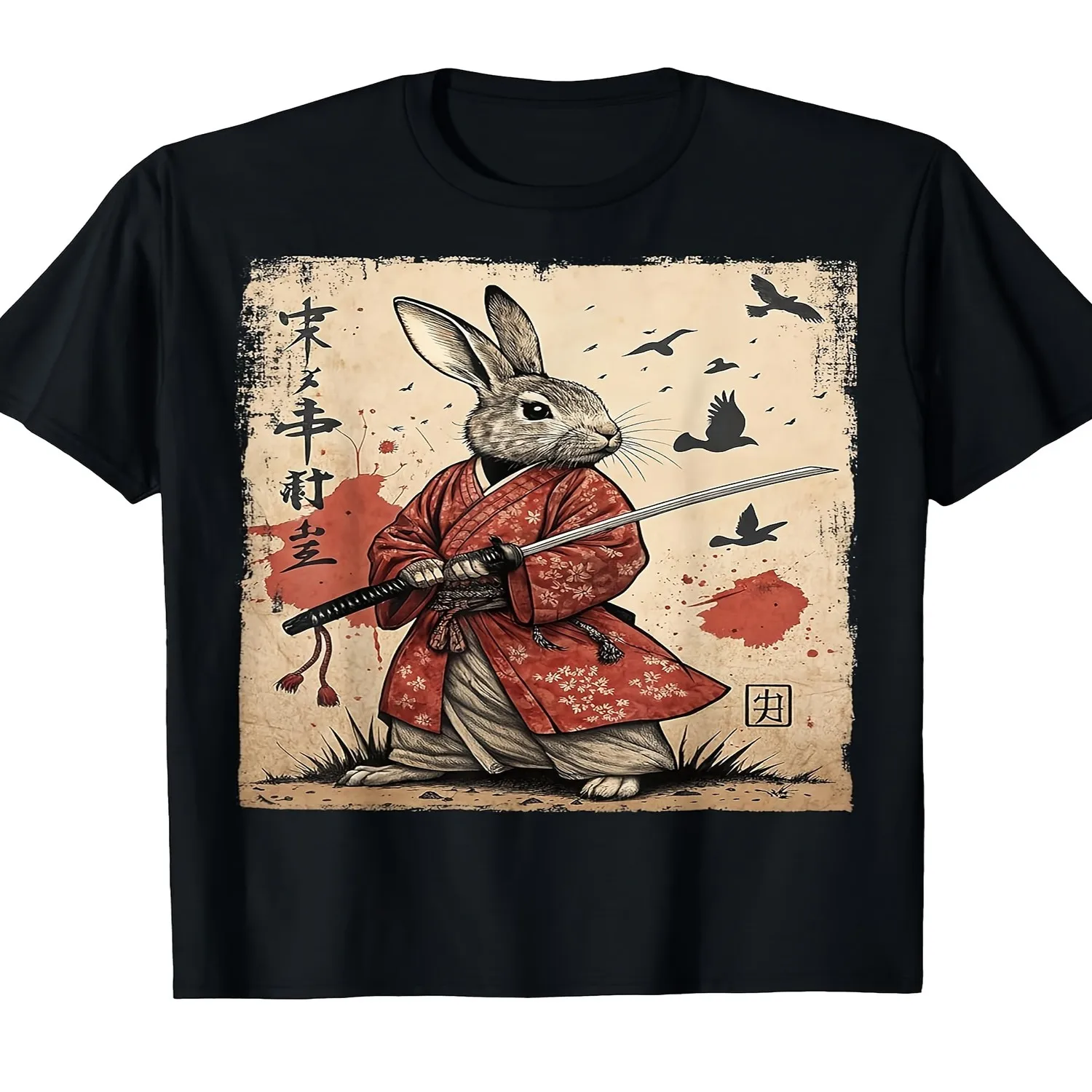 Men's Samurai Rabbit Japanese Anime T-Shirt - Retro Manga Graphic Tee with Samurai Rabbit Character, Casual Short Sleeve Shirt for Casual Attire Comic Conventions, Fit Retro Graphic Shirt, Holiday Tshirt