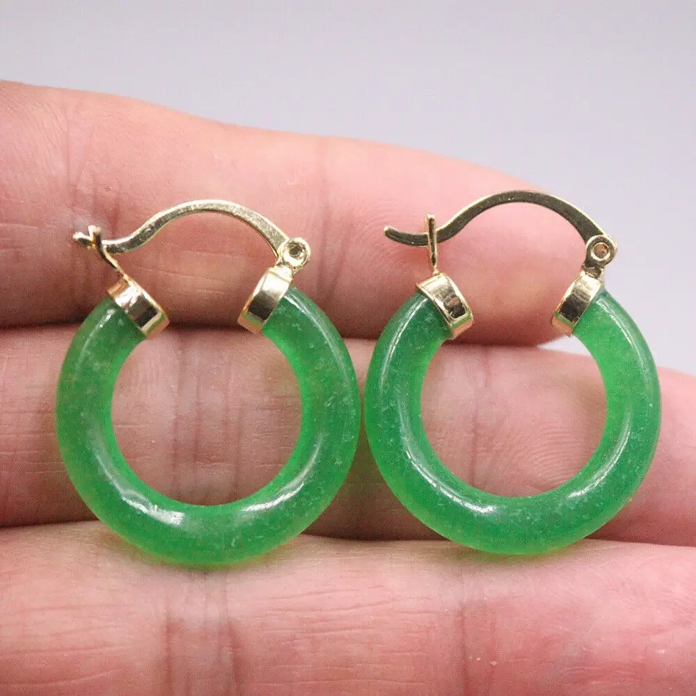 New 18K Yellow GP with Green Jade Circle Hoop Earrings 0.98inch