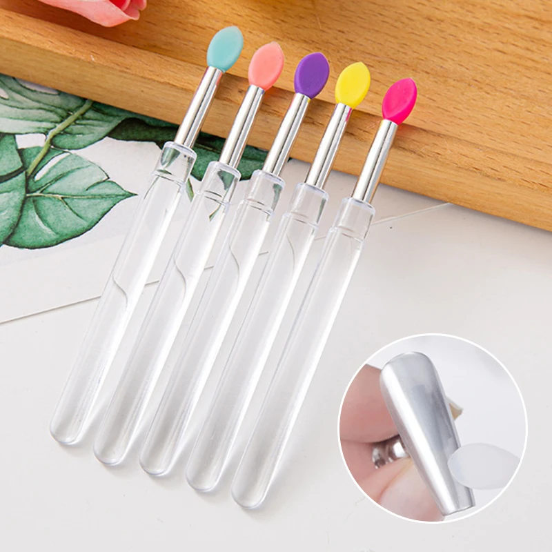 1/5pcs Flat Silicone Applicator Sticks Reusable Lip Brush With Cover For Dust Prevention Silicone Nail Powder Applying Tools