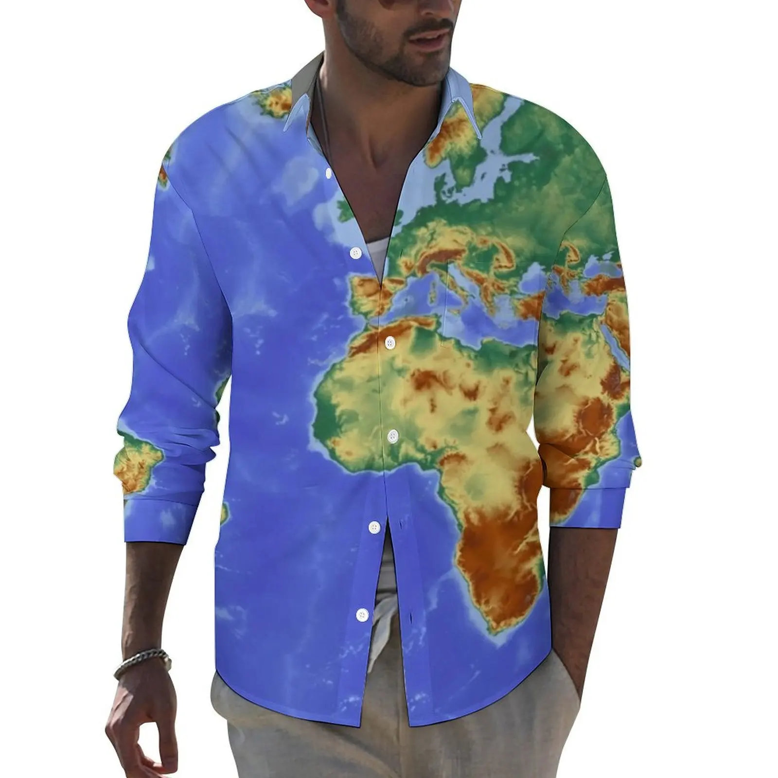 

Earth Map Print Shirt World Maps Casual Shirts Long Sleeve Pattern Harajuku Blouses Spring Fashion Oversize Clothing