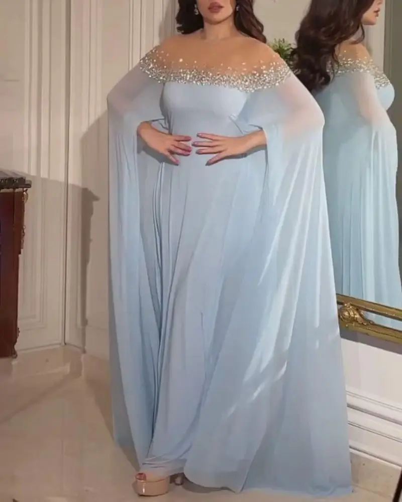 India Dubai Abaya Party Dress for Women Chiffon Ball Gown Vestidos Wedding Prom Evening Dress Slash Neck Morocco Caftan 2023