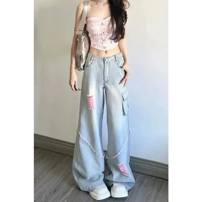 

American High Street Ripped Work Jeans Retro High Waist Loose Straight Wide Leg Trousers