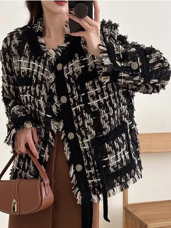 

Women's Faionable Cotton Lined Tweed Jaet Autumn Trendy Top Small Size High End Feeling Inner Korean Sle Long Sl...