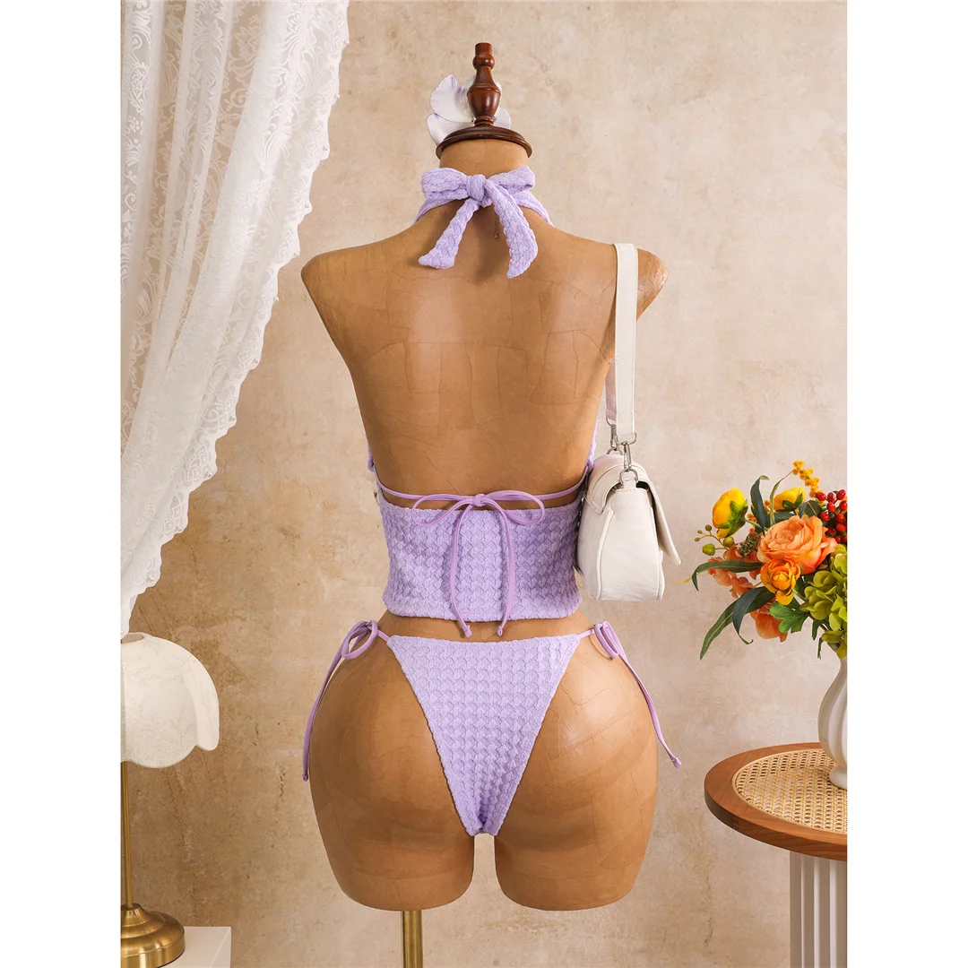 Tankini mit Schnürung, Neckholder-Bikini, Damen-Badeanzug, zweiteiliges Bikini-Set, Badeanzug mit hohem Beinausschnitt, Badebekleidung, Schwimmanzug V8340 – Detail 7