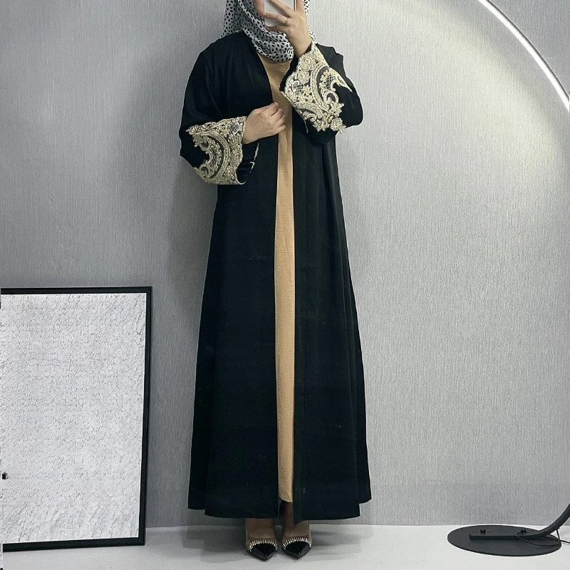 

Embroidered Muslim Swimsuit Fringe Abaya Long Dress Dubai Lace Floral Kaftan Robe for Women