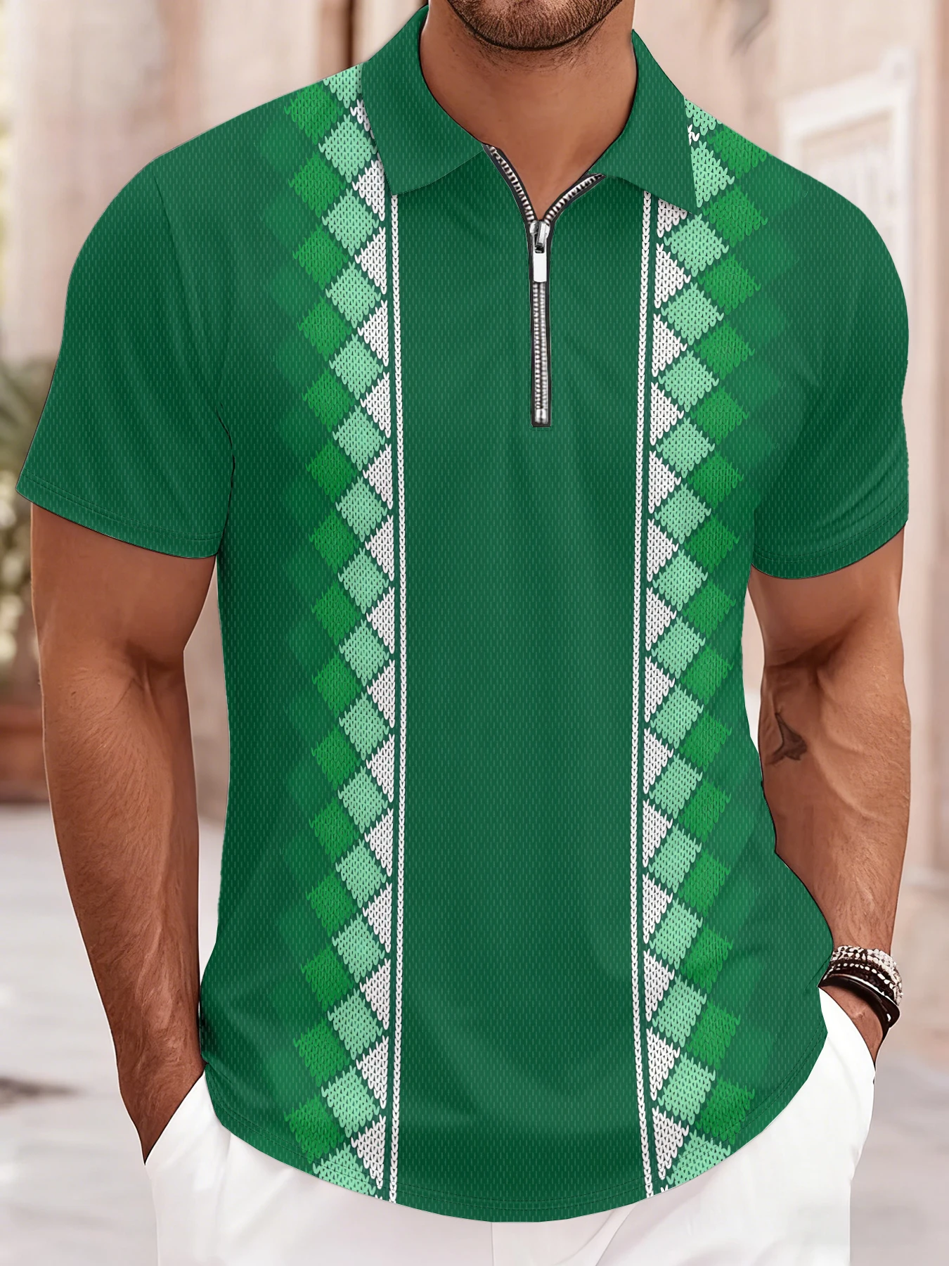 2026 Summer New Style Men's Short-Sleeved Zippered Polo Shirt with 3D Pattern Print for Street Casual Comfort