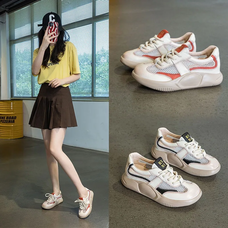 

2025 Spring and Summer First Layer Cowhide Student Lace-up Casual Shoes Soft Platform Flat Bottom Hollow Mesh Women's Sneaker