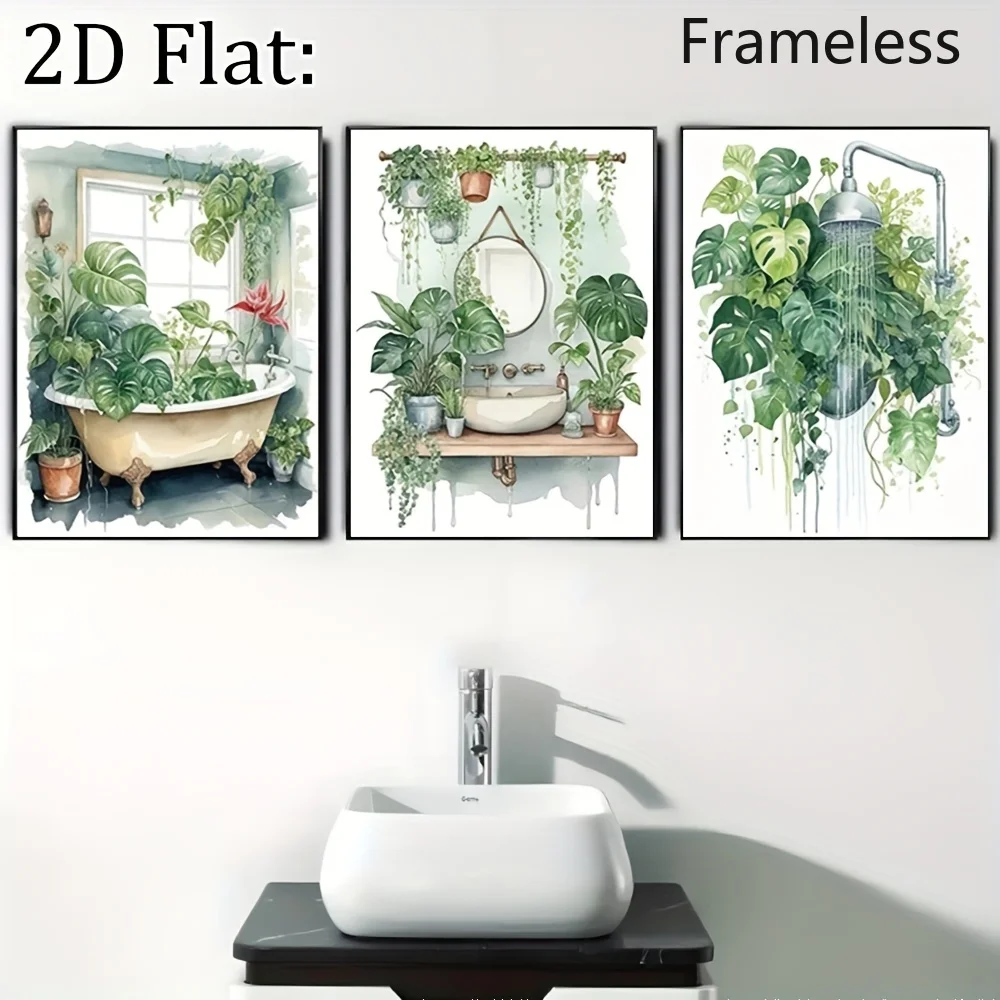 (No frame)2D Flat, 2D Flat, 2D Flat 3pcs Unframed TOCDGOO Botanical Bathroom Wall Art Watercolor Monstera Plant Decor Set of