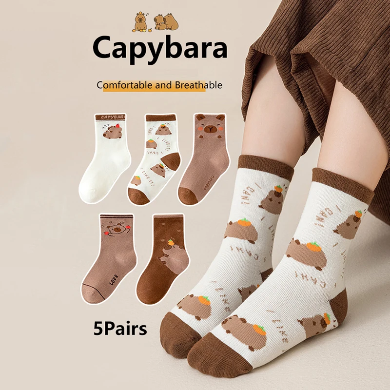 5Pairs Cartoon Capybara Print Mid-Tube Socks Breathable Soft Casual Socks Unisex Autumn Winter Coffee Keep Warm Mid-tube Socks