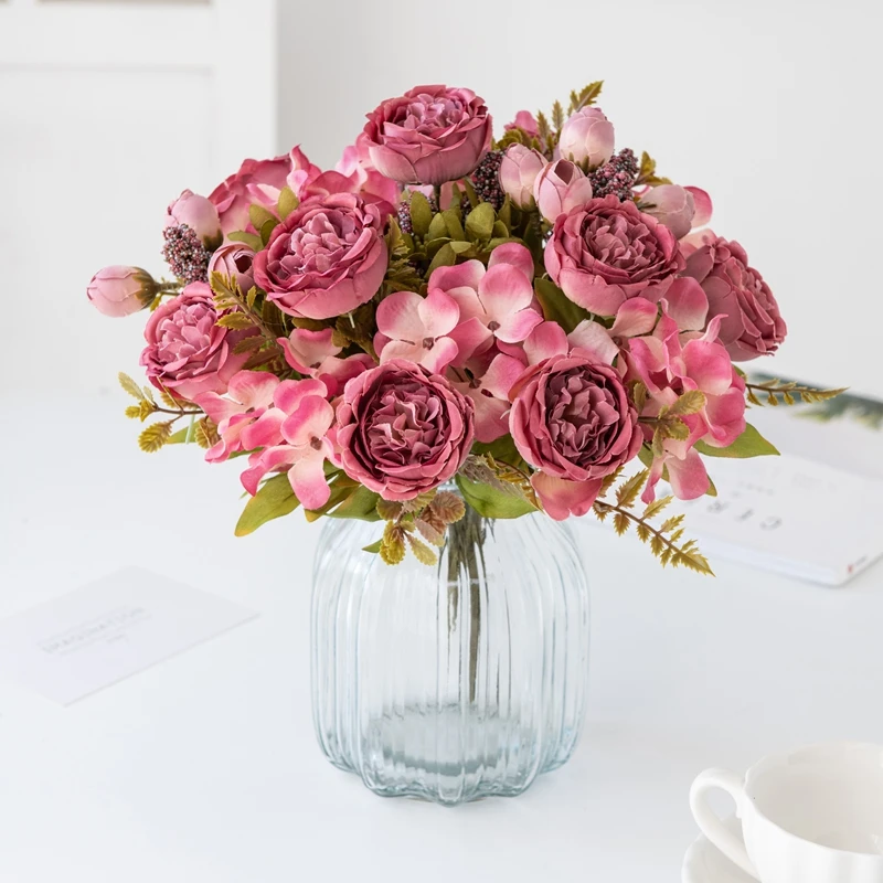 1/3 Stück künstliche Blumen Weihnachtsgirlande Hochzeit Garten Rosen Fotos Bogen Pfingstrose Blumensträuße Home Room Decor Seidenhortensien – Detail 6