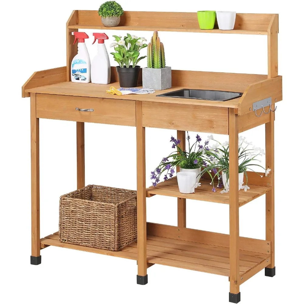 Potting Bench Outdoor Garden Work Bench Station Planting Solid Wood Construction