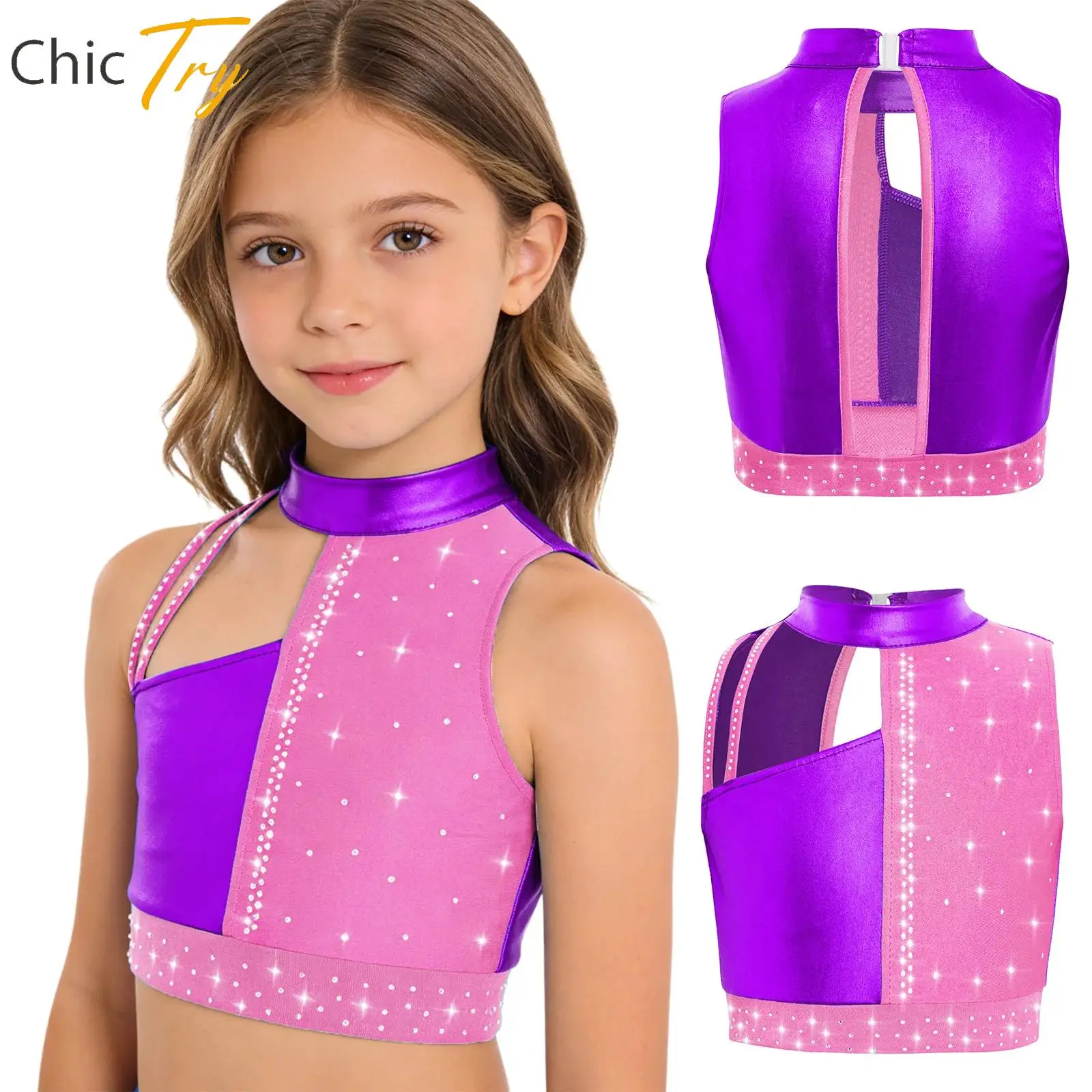 

Figure Ice Skating Dance Tops for Kids Girls Sleeveless Cutout Rhinestones Metallic Crop Top Gymnastics Performance Dance Wear