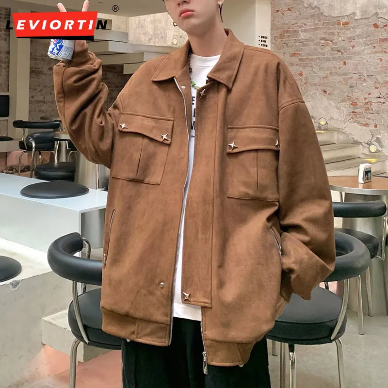 

Autumn Men Suede Metal Decoration Lapel Jacket Punk Styles Hip Hop Retro High Street Windbreak Coat Outwear Unisex Streetwear