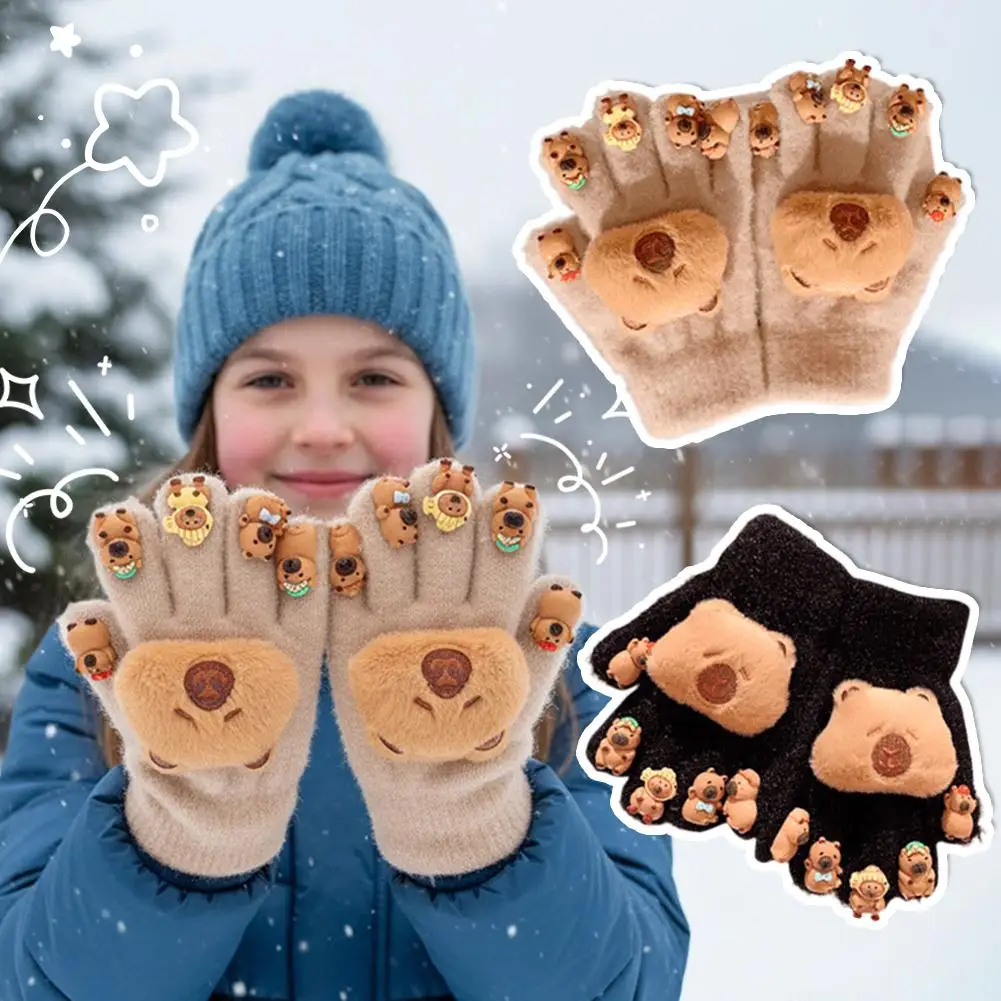 قفازات شتوية ثلاثية الأبعاد كابيبارا للأطفال من القطيفة بخمسة أصابع قفازات مقاومة للبرد في الهواء الطلق قفازات سميكة دافئة #2