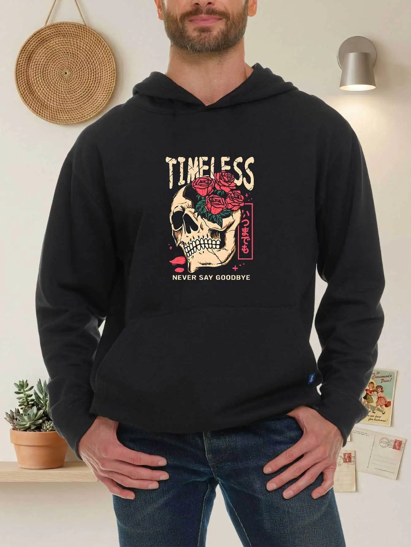 Black Hoodie, Timeless and Durable, with Red Rose Skull Details, Comfortable Sweatshirt, Basic Black Style, Casual Outdoor Knit Pullover, Regular Fit Suitable for Hiking Activities, Comfortable for All Seasons, Machine Washable, Everyday Casual Sweatshirt, Sporty Casual Style, Comfortable Cut