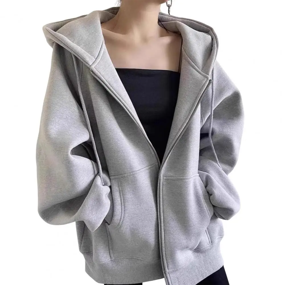 Autumn Winter Warm Long Gray/Black Jacket With Hood Long Sleeve Big Pocket Zipper Jacket Coat Women Casual Outerwear Coat Tops