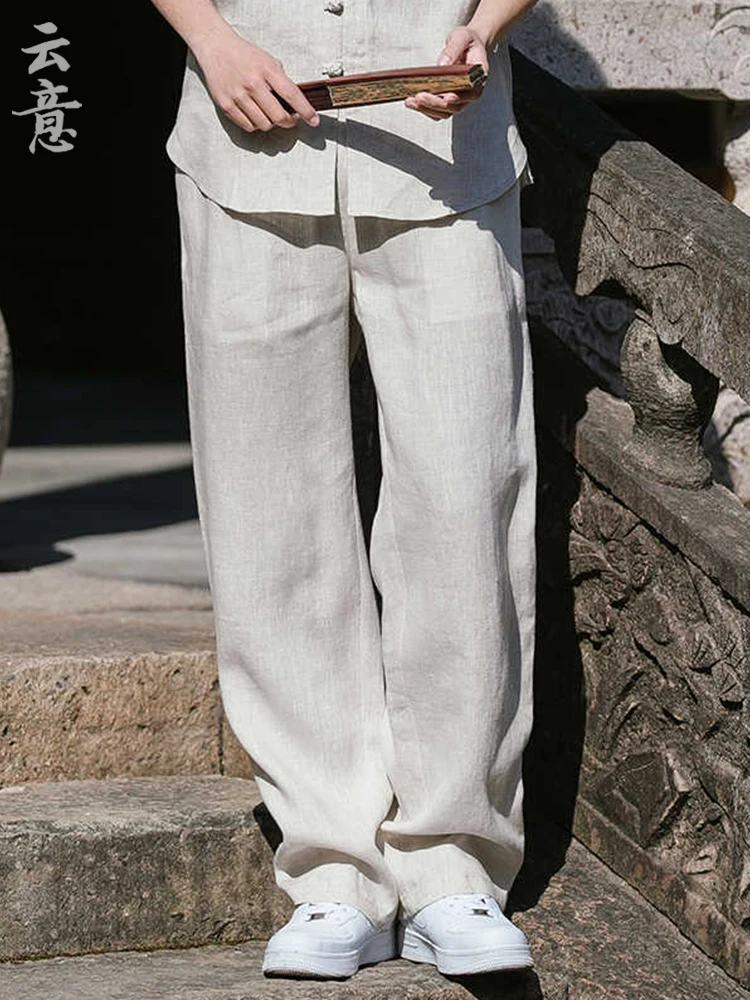 

Мужские летние тонкие повседневные брюки из чистого льна, свободные прямые брюки с широкими штанинами, повседневные брюки в стиле Ханьфу, свободного кроя