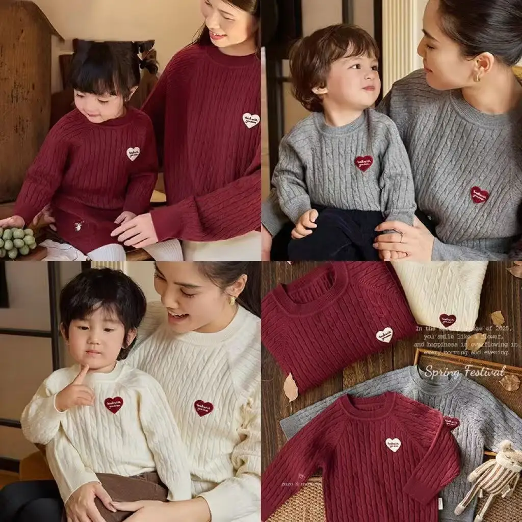 

2025 Autumn Winter Korean Style Retro Knit Sweater Family Clothes for Dad Mom and Son Pullover Sweater Warm for Family Photos