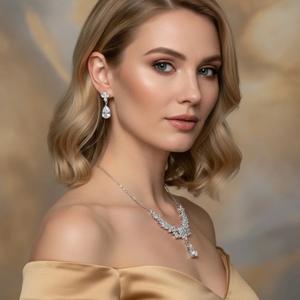 

Super Sparkling Zircon Jewelry Set, Minimalist Clavicle Chain & Earrings, Ins Cold Style Elegant Bridal Accessories