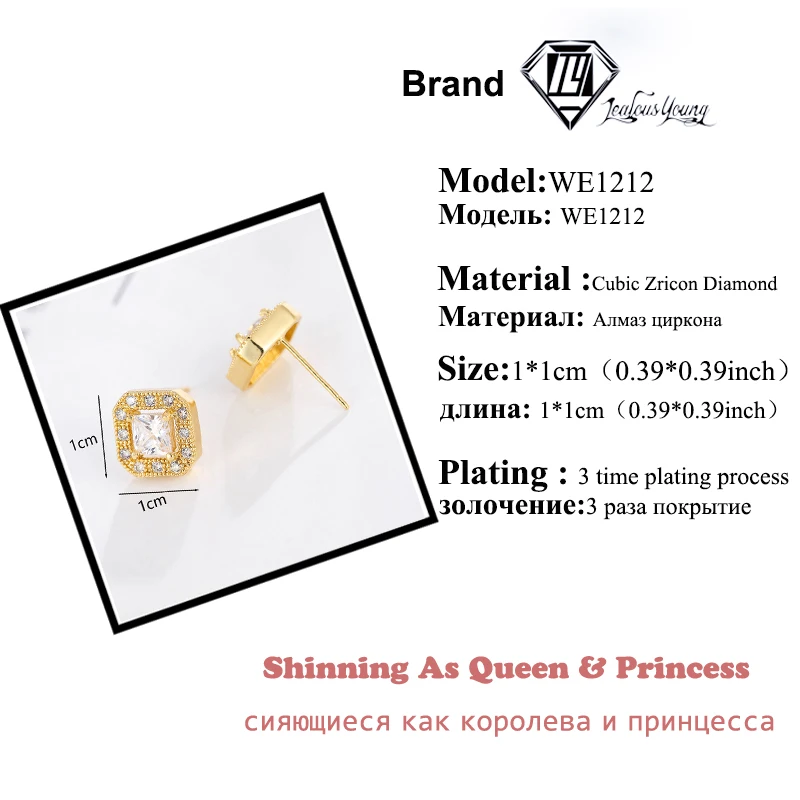 Luxury Yellow Gold Plated Square Stud Earrings Copper Microinset Zircon  Hipster Men Hip Hop Simple Jewelry Les Hommes