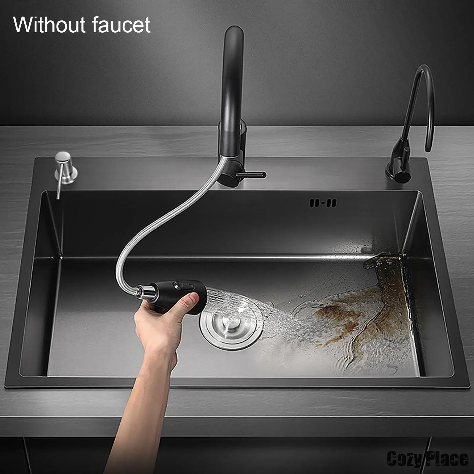 Modern Kitchen Sink Set Stainless Steel Sink on Countertop 1-Slot W/ Vegatable Basin Drain Accessories Soap Dispenser Matt Black