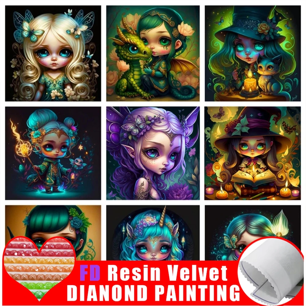 

FD Смола DIY Алмазная картина Большие глаза Девушка-эльф Полная круглая дрель Домашний декор Мультфильм Ведьма Ремесло Алмазная мозаика Вышивка