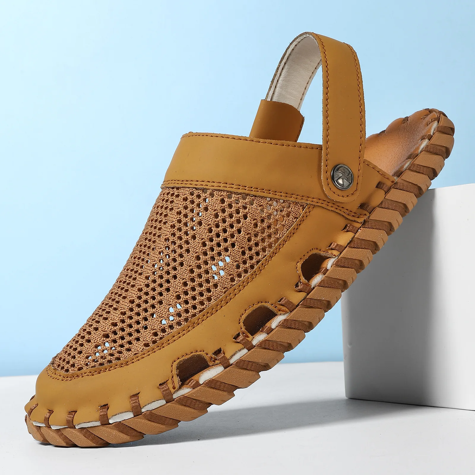 Tongs en maille tissée pour hommes, pantoufles pour hommes, sandales pour la maison, chaussures d'été imprimées en cuir, sandales à plateforme, mode