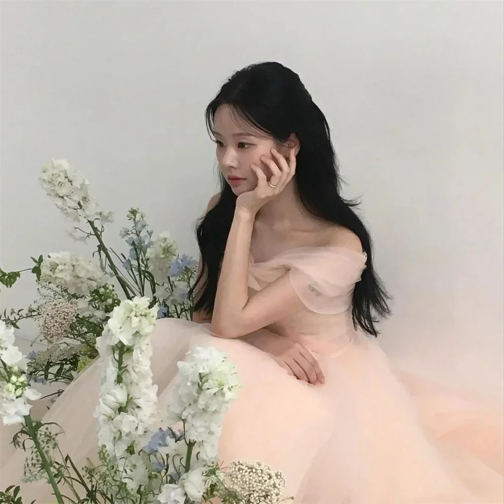 MD Fairy Pink Off Shoulder Wedding Dress Pleat Korea Photoshoot Floor Length Birthday Party Dress Customised 2025 Evening Gown