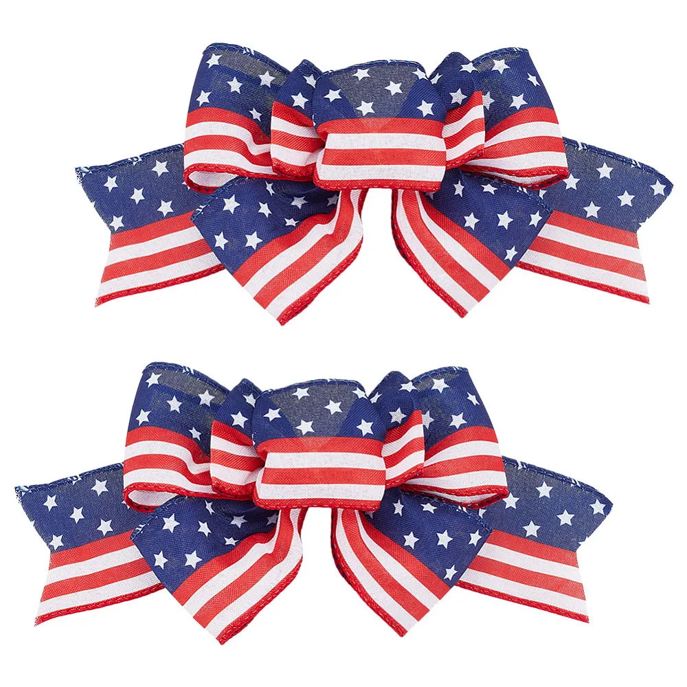 2 Pcs Patriotic Bow 4th of July Wreath Bow Red White Blue Star Burlap Bow Handmade Polyester Ribbon Bowknot for Independence