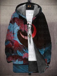 Men's Japanese Style Print Hooded Two-Pocket Fleece Cardigan Jacket