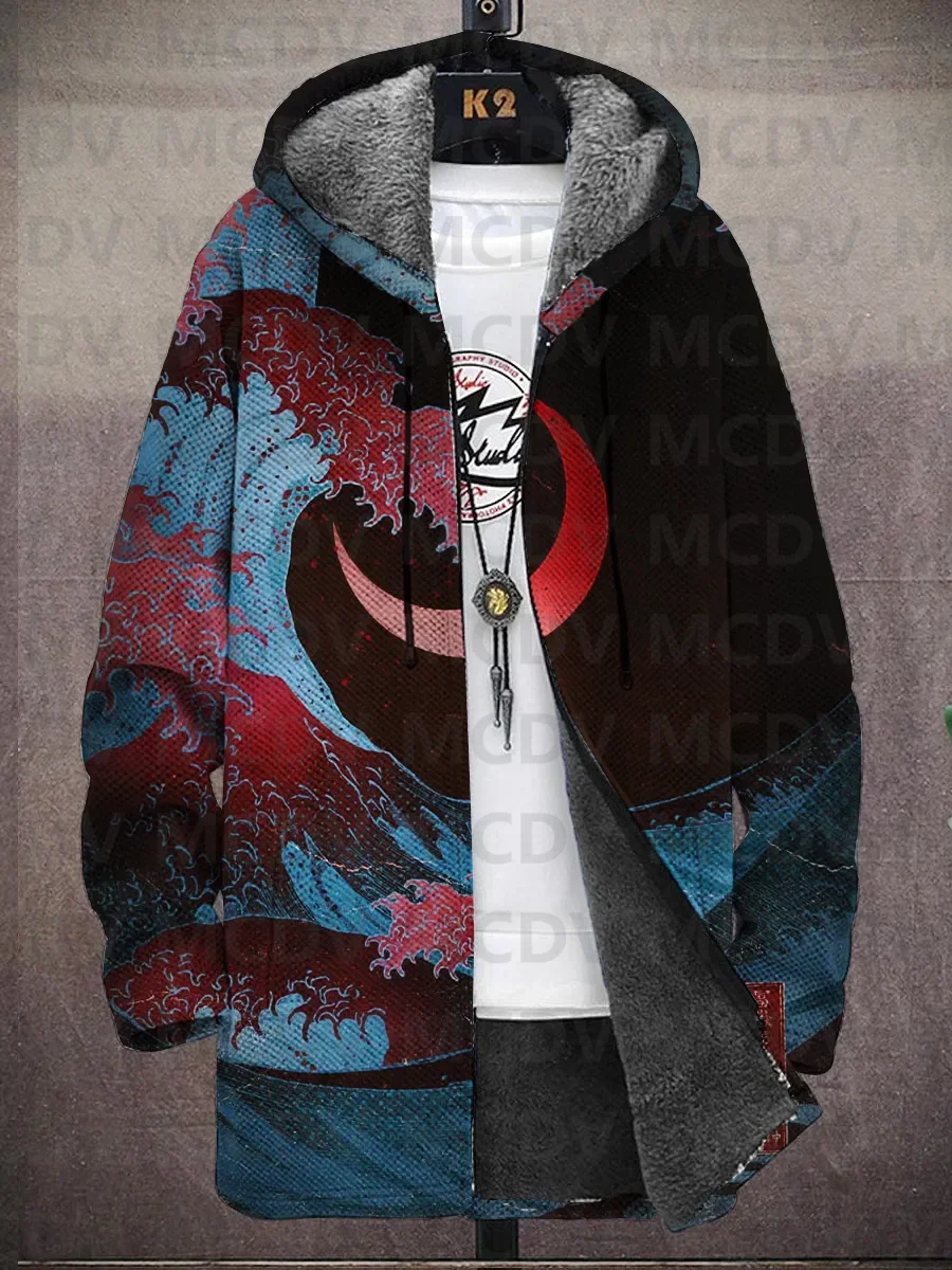 Men's Japanese Style Print Hooded Two-Pocket Fleece Cardigan Jacket
