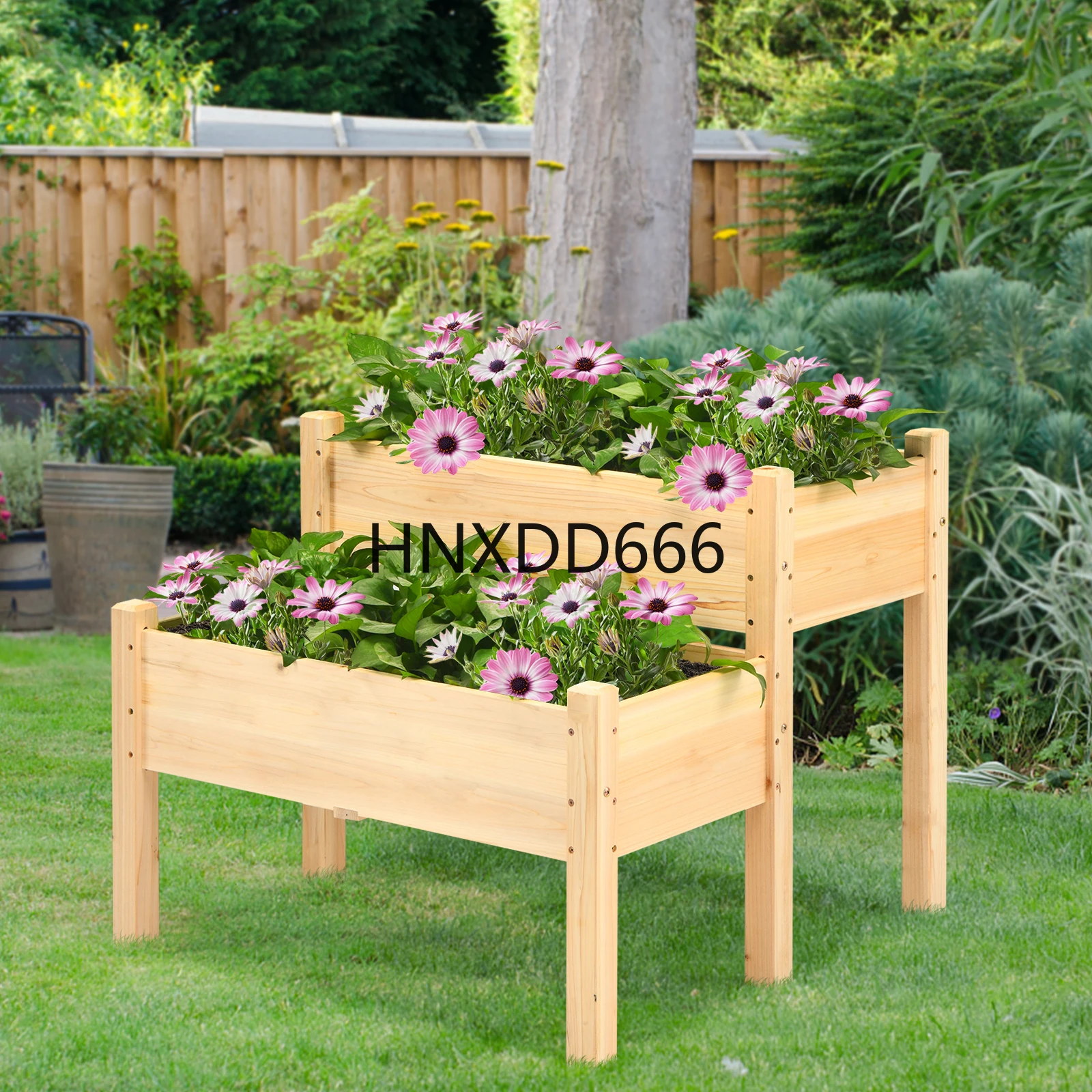 Patiojoy 2段木製上げ底菜園ベッド高架プランターボックス 脚付き 排水穴付き