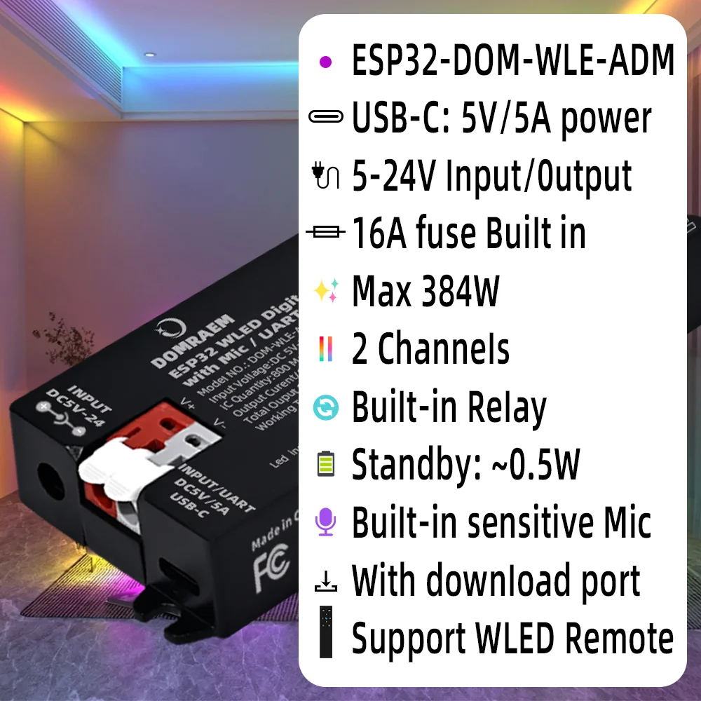 وحدة تحكم DOMRAEM WLED للموسيقى الرقمية LED مع ميكروفون ومرحل -ESP32 2CH 16A لـ WS281X/SK6812 (800ICS). النوع C وUART. أليكسا/ها.