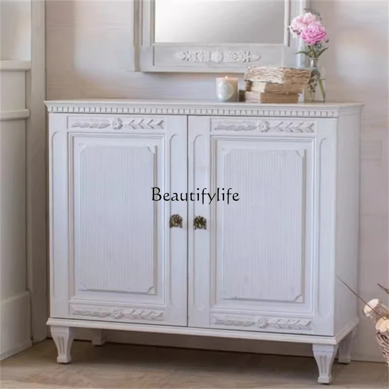 

01 French retro old solid wood entrance cabinet guest restaurant dining side decorative cabinet