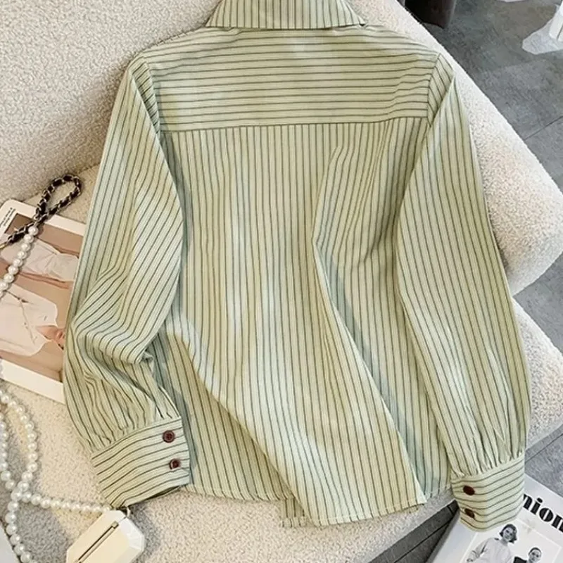 Women's Light Green Striped Shirt Casual Button Down Collar Blouse with Chest Pocket view 4